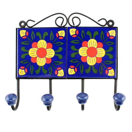 Navy Blue And Red Ceramic Floral Tiles Hook 